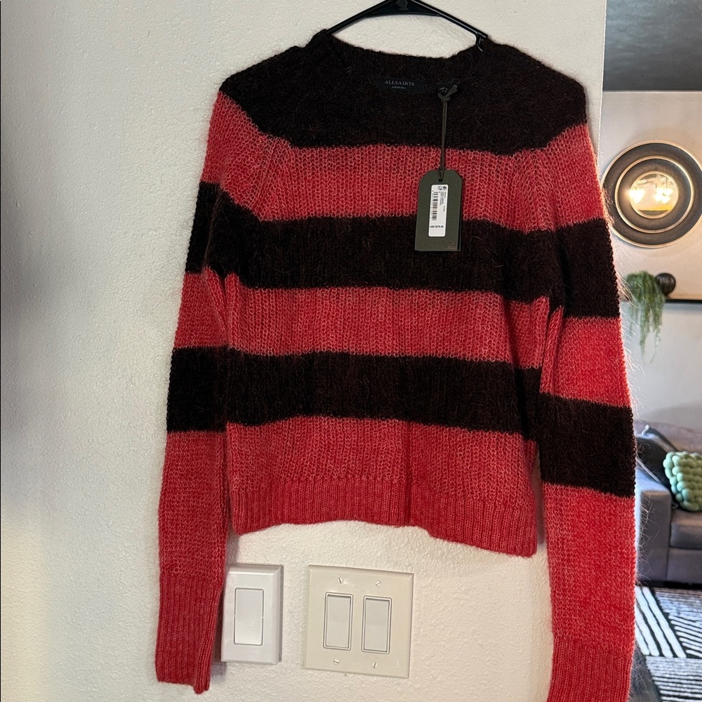 All Saints Red and Brown Striped Sweater